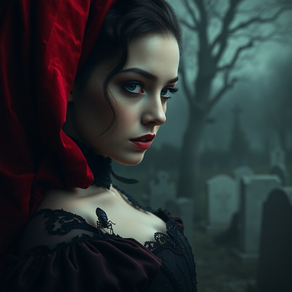 AI generated art for prompt: Craft a high-resolution superrealistic portrait capturing an enigmatic female vampire's allure in Vi