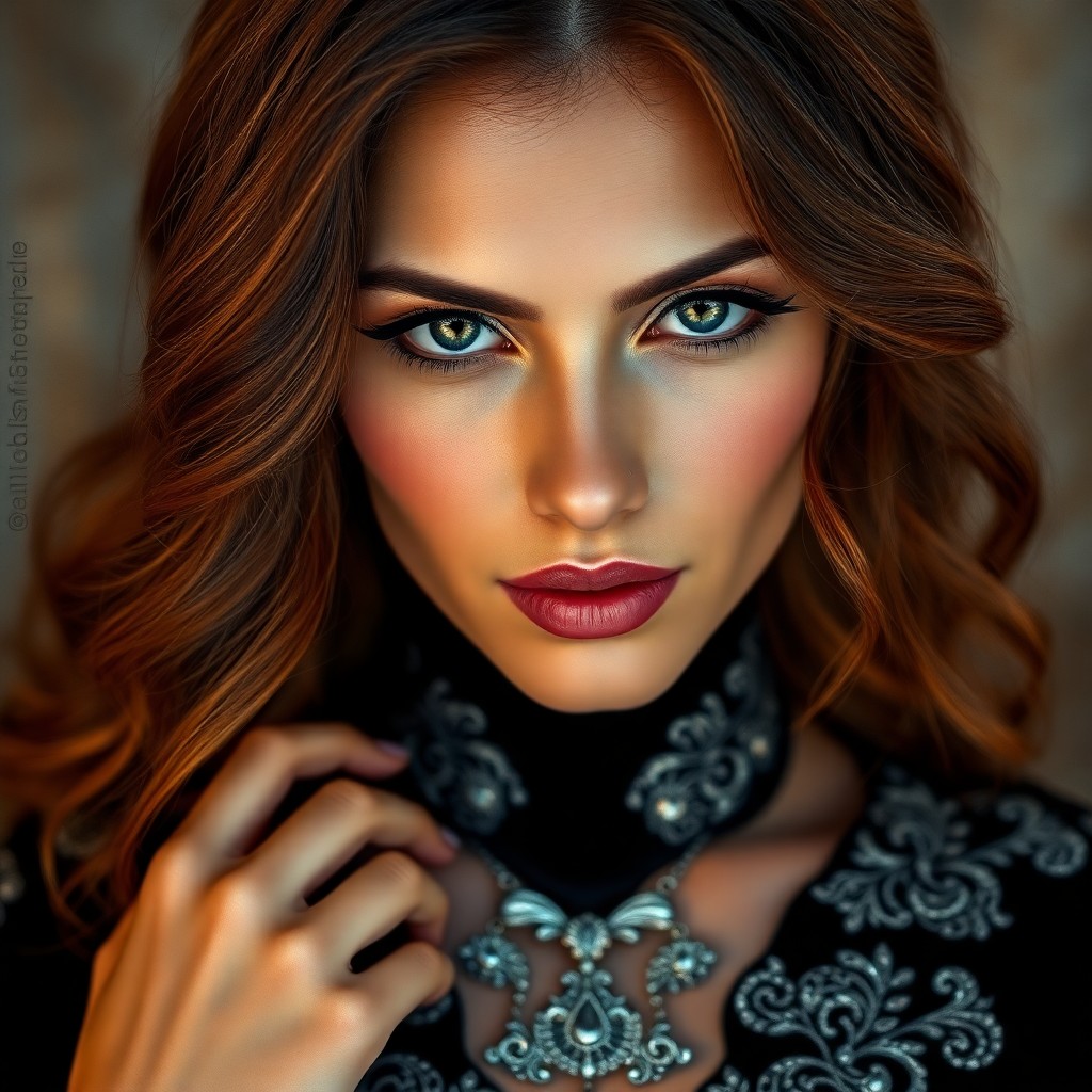 AI generated art for prompt: Craft a high-definition digital art portrait of a Middle Eastern woman with wavy chestnut hair frami