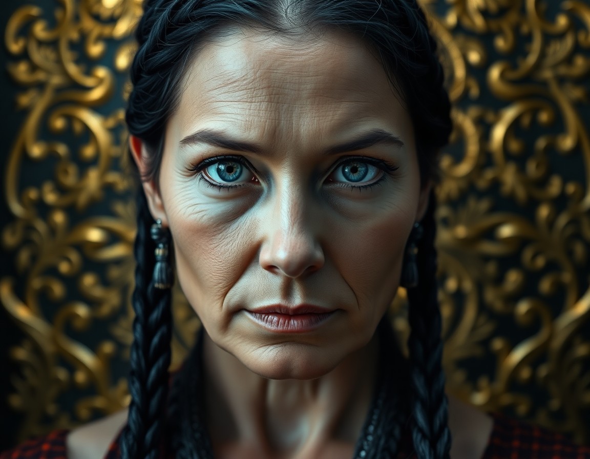 AI generated art for prompt: A photorealistic portrait of an enigmatic middle-aged Native American woman with piercing blue eyes 