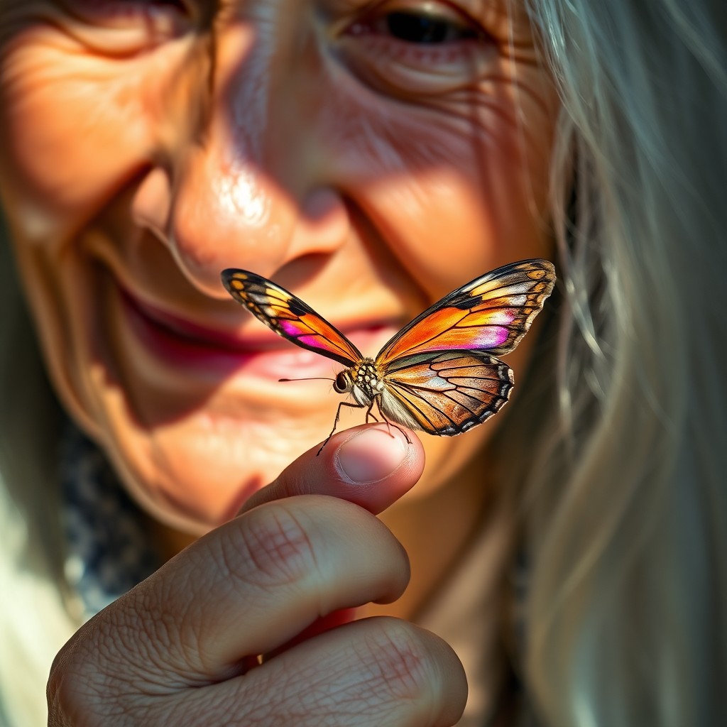 AI generated art for prompt: In a hyperrealistic style, craft an image showcasing a clumsy butterfly with iridescent wings perche