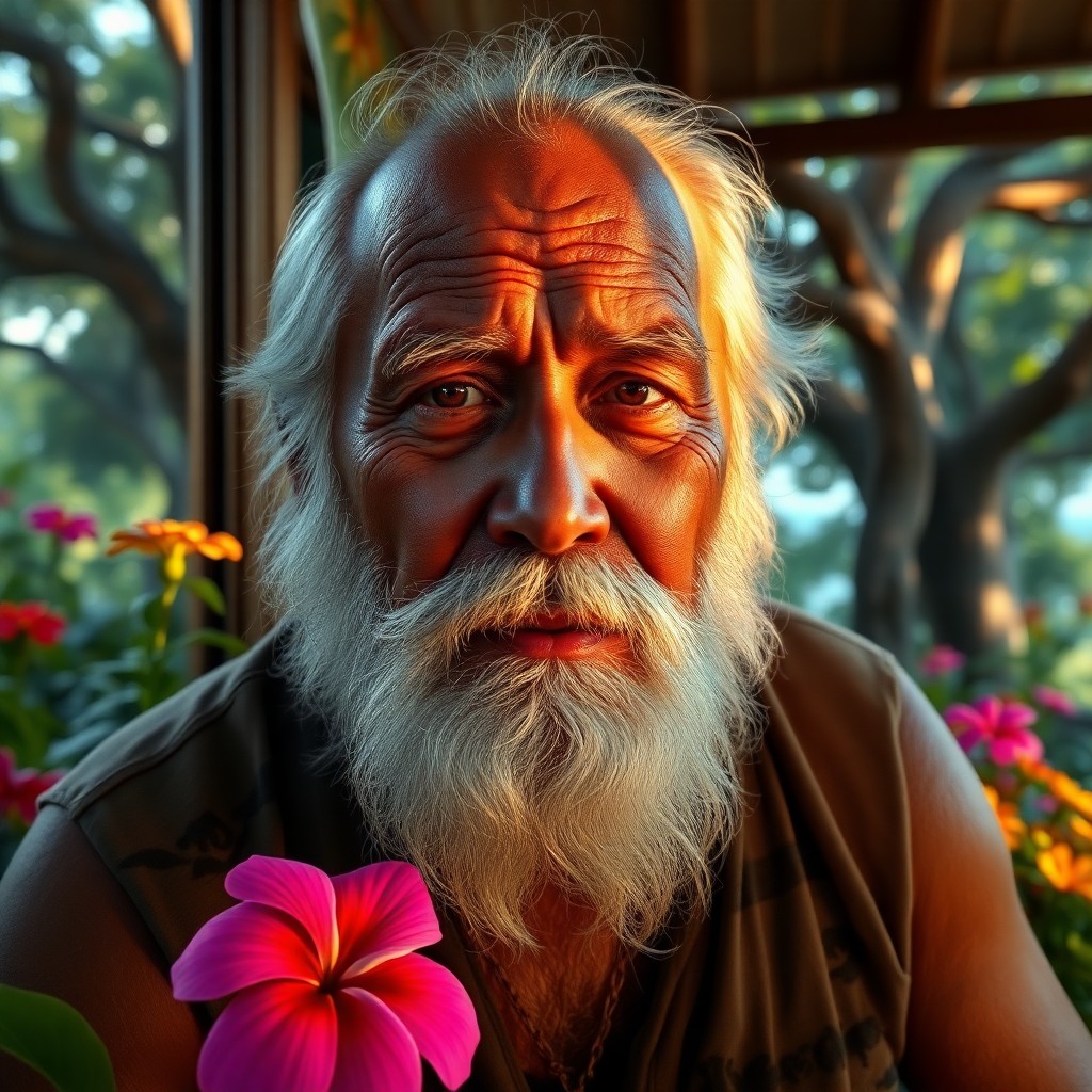 AI generated art for prompt: A highly detailed photorealistic portrait of an elderly Polynesian man with wind-beaten skin and a t