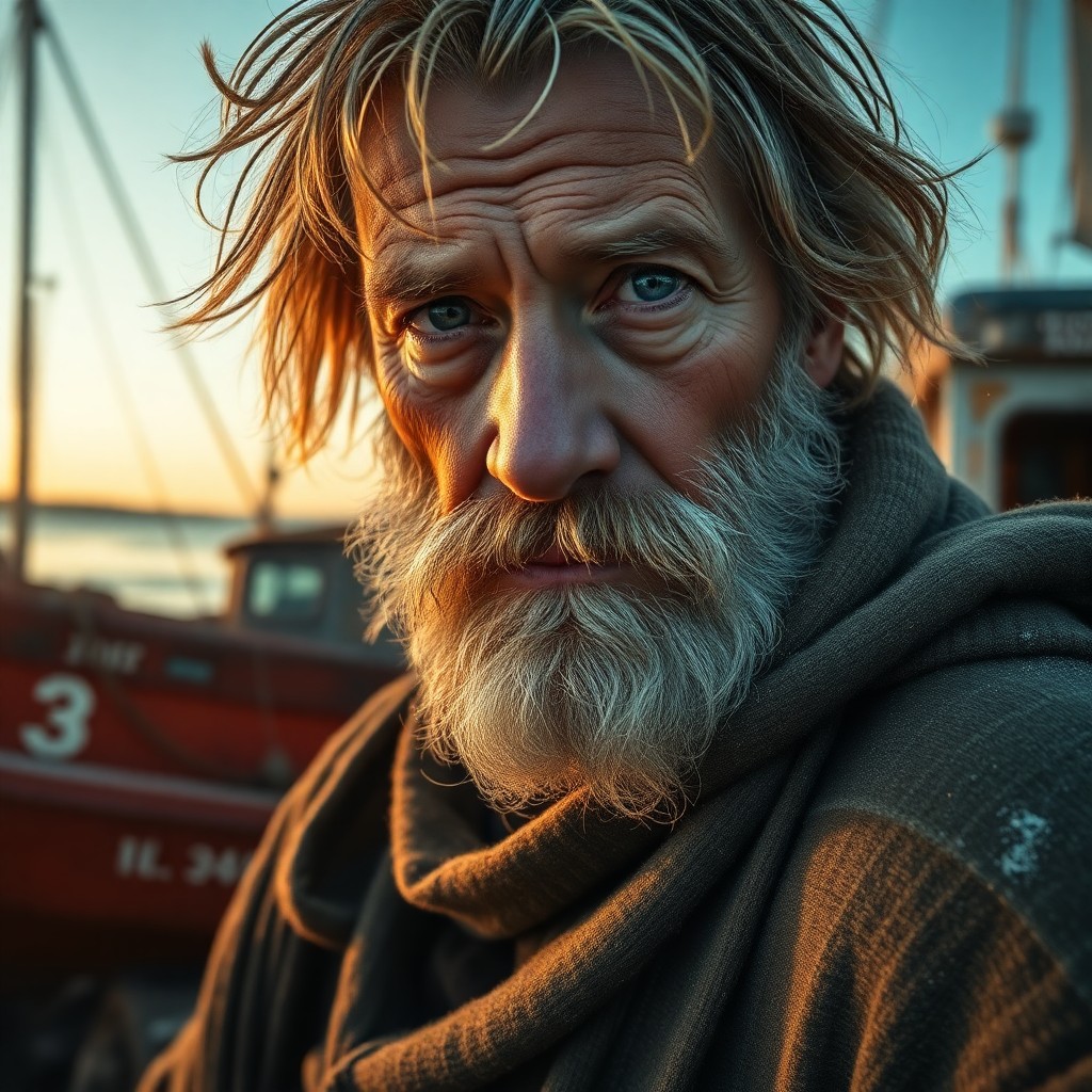 AI generated art for prompt: A hyperrealistic portrait captures a weathered fisherman with deep sea-blue eyes and a graying beard