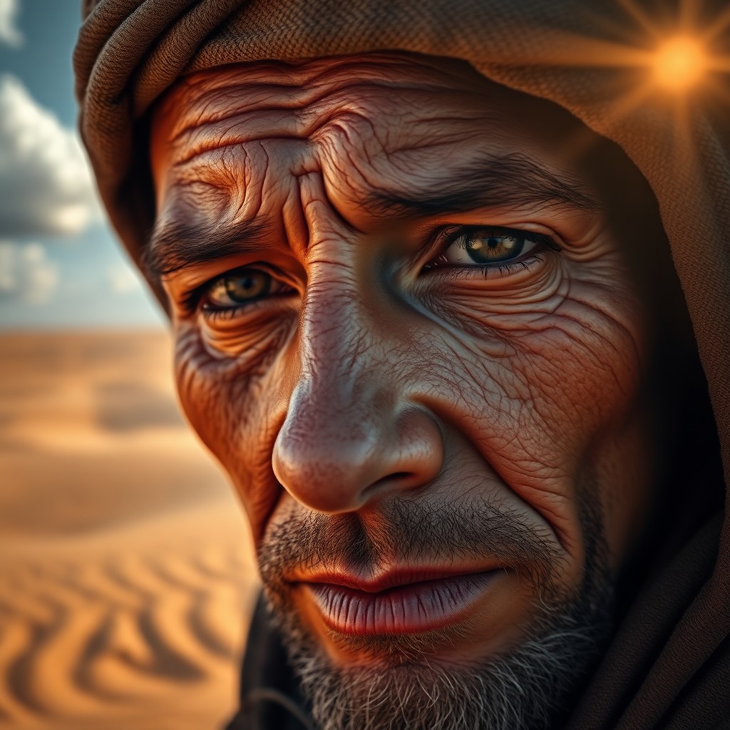 AI generated art for prompt: A captivating extreme close-up portrait of a seasoned nomadic traveler reveals their weathered face,