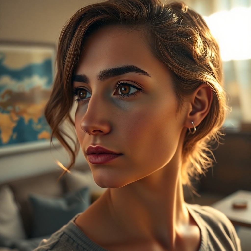 AI generated art for prompt: A super-realistic portrait captures a young Middle Eastern woman's side profile with wavy chestnut h