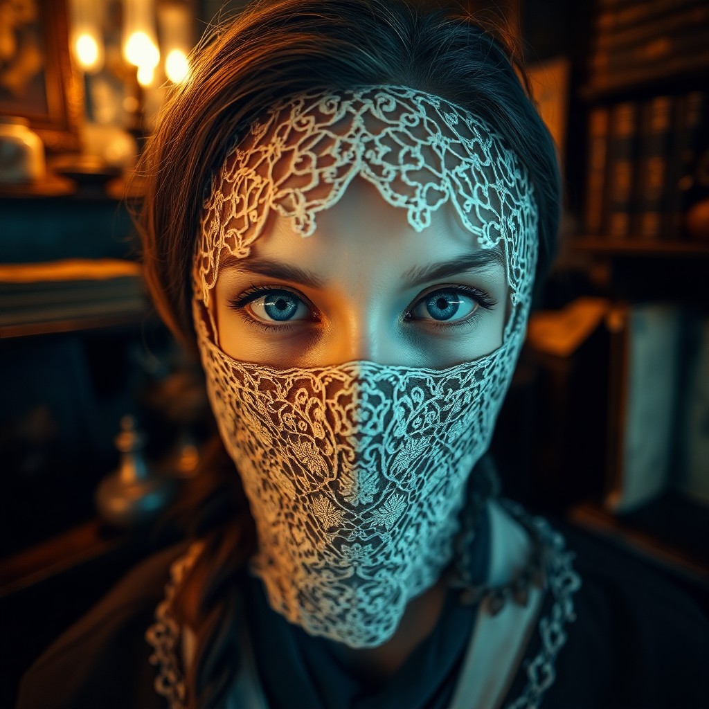 AI generated art for prompt: Envision an ultra-realistic portrait of a Slavic woman, her enigmatic gaze concealed by a lace mask,