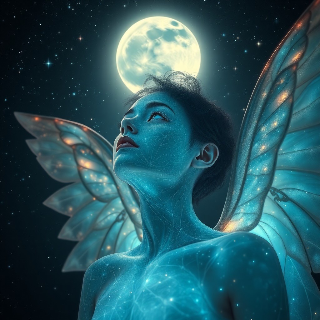 AI generated art for prompt: A celestial portrait showcases a mystical being with iridescent wings fully extended against a starr