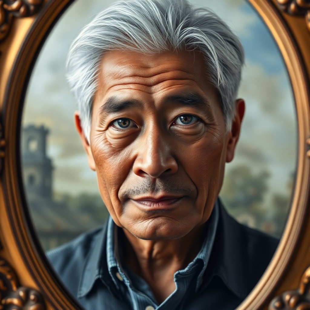 AI generated art for prompt: A portrait photograph captures a distinguished Pacific Islander man with silver hair and melancholic