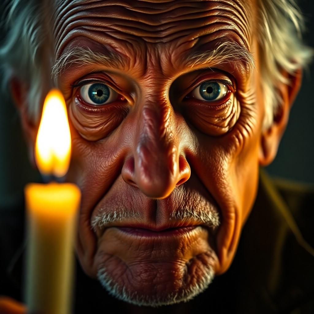 AI generated art for prompt: Create a super-realistic close-up portrait of an old veteran's face, illuminated by soft candlelight