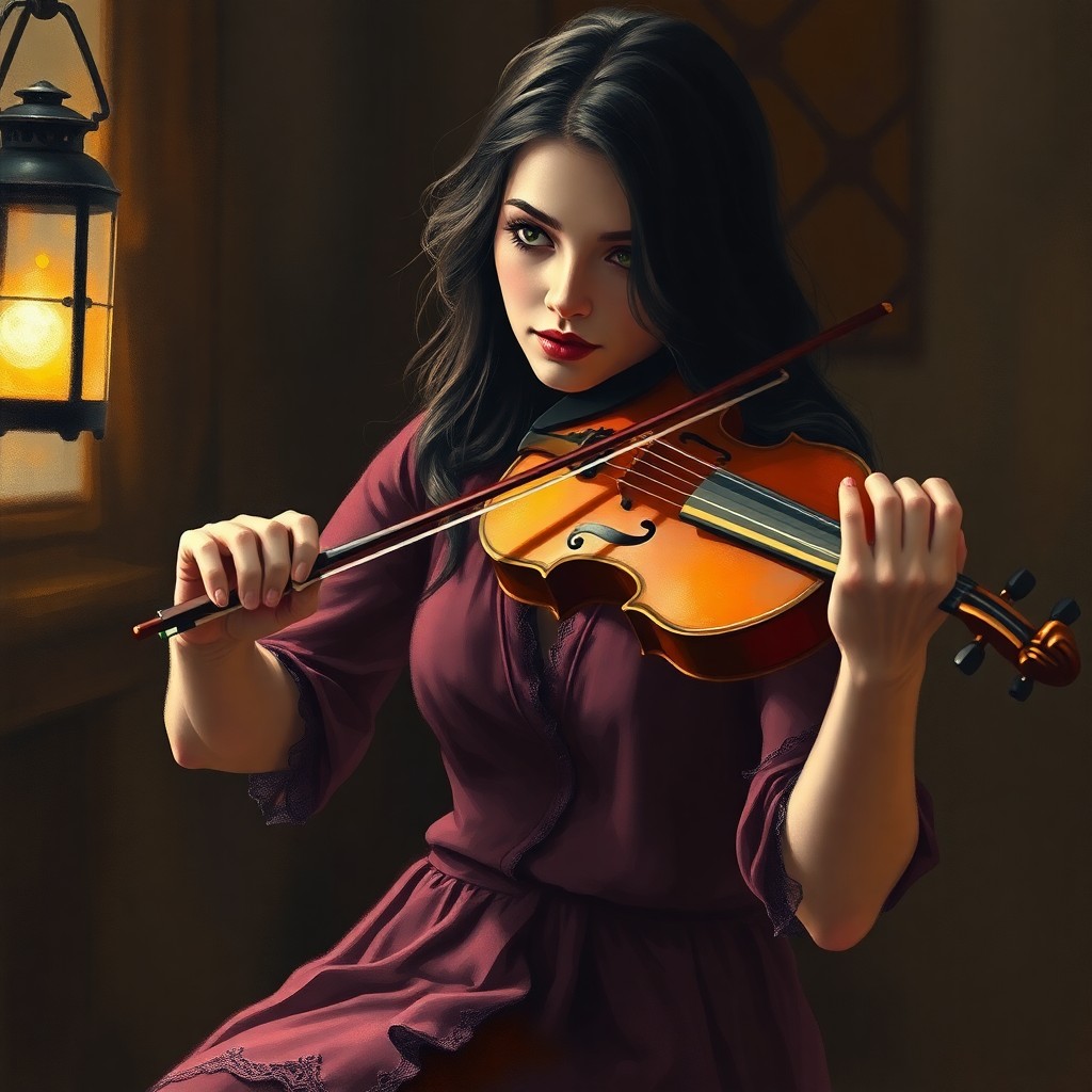 AI generated art for prompt: Render an impressionist portrait of a pensive violinist with raven hair and hazy green eyes seated o