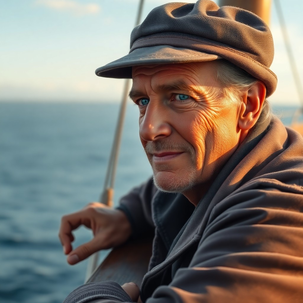 AI generated art for prompt: Craft a photorealistic portrait of an experienced sailor with sun-browned skin and gentle blue eyes,