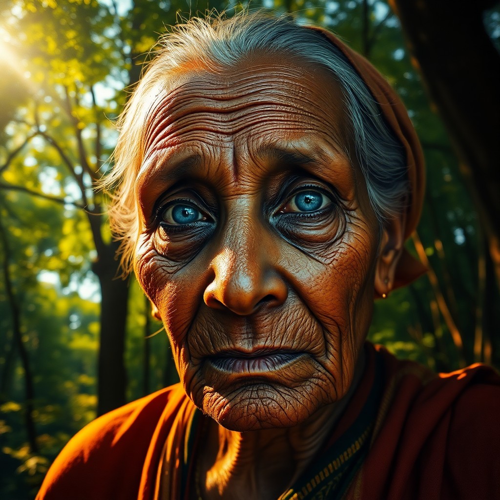 AI generated art for prompt: Craft a hyper-realistic oil painting portrait of an elderly South Asian woman, her face etched with 