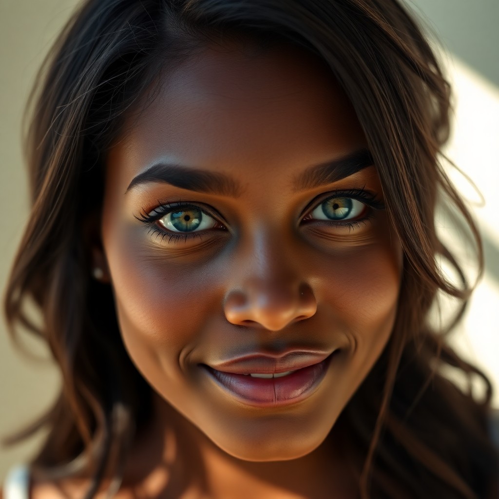 AI generated art for prompt: Using a mirrorless camera, capture a detailed close-up portrait of a young Caribbean woman with subt