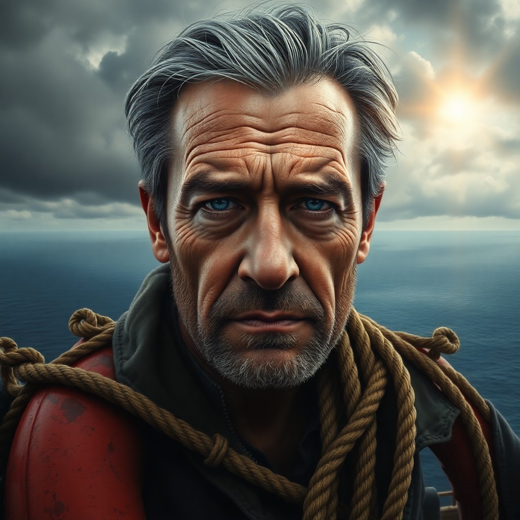 AI generated art for prompt: A super-realistic portrait depicts a weathered middle-aged sailor with deep etched lines on his face