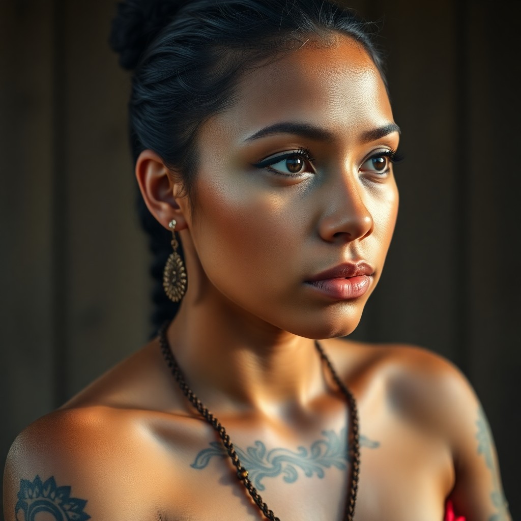 AI generated art for prompt: Craft a hyperrealistic portrait of a young Polynesian woman, showcasing her intricate henna tattoos 