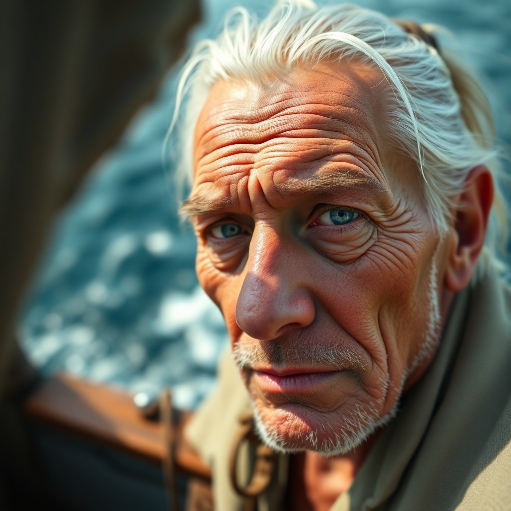 AI generated art for prompt: Craft a photorealistic portrait of an aged sea captain with rugged features, capturing his deep wrin