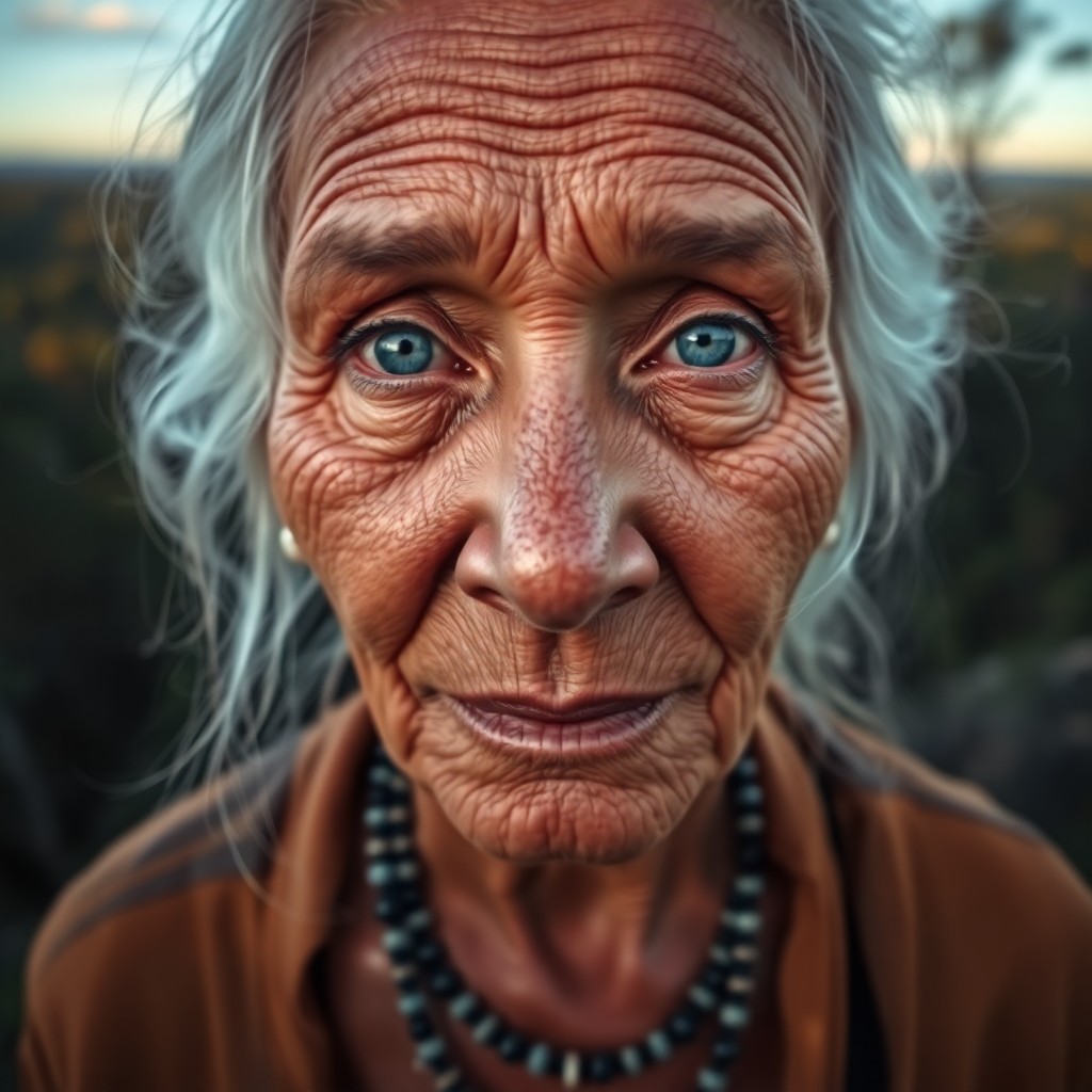 AI generated art for prompt: Envision a hyperrealistic portrait of an elderly Aboriginal woman with unfocused blue eyes, her face