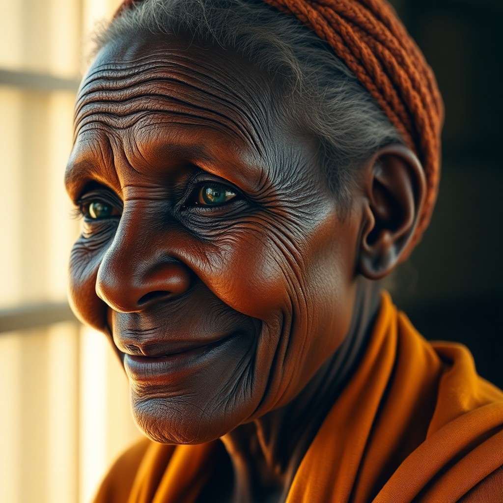 AI generated art for prompt: Visualize a hyperrealistic portrait showcasing an elderly Sub-Saharan African woman with captivating