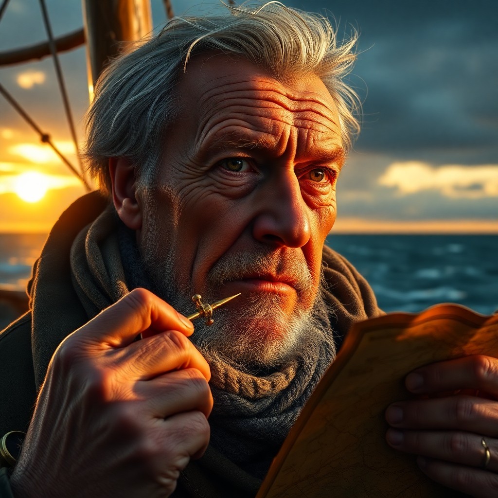 AI generated art for prompt: A hyperrealistic portrait depicts an aged sea captain, his gaze fixed on the horizon with a blend of