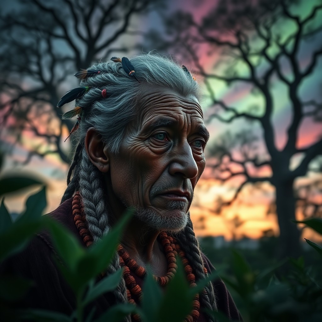 AI generated art for prompt: Craft an ultra-realistic portrait showcasing the enigmatic countenance of an elderly shaman with dee