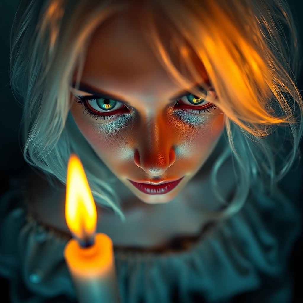 AI generated art for prompt: Hauntingly beautiful, a Mediterranean woman with striking silver hair illuminated by soft candleligh