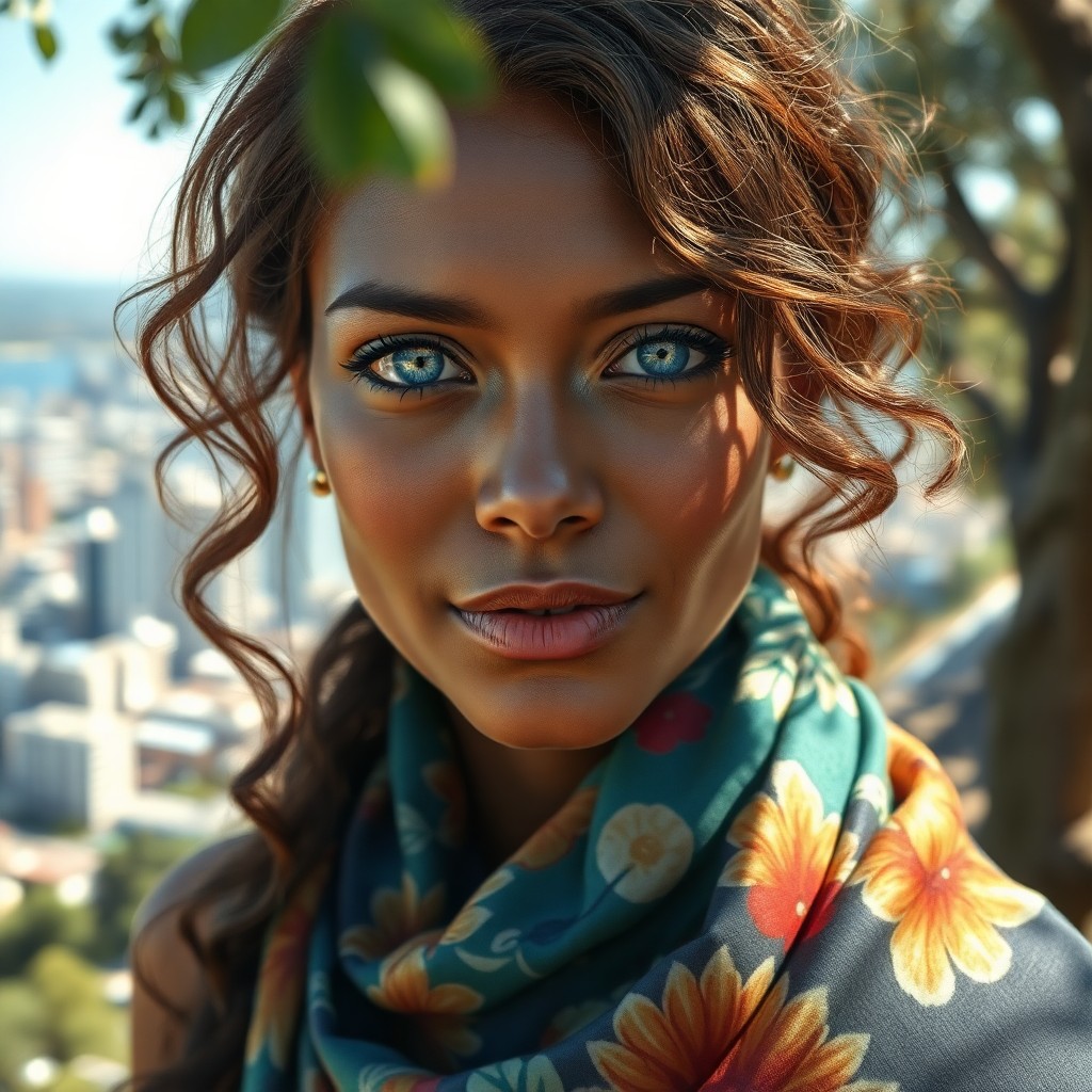 AI generated art for prompt: Imagine a hyperrealistic portrait of an enchanting Aboriginal woman with captivating clouded blue ey