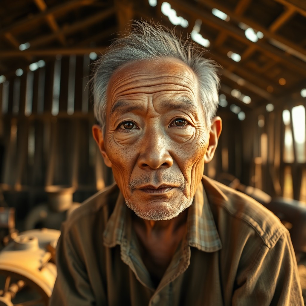 AI generated art for prompt: Hyperrealistically portray an elderly East Asian man with a rugged, travel-worn face and deep-set ey