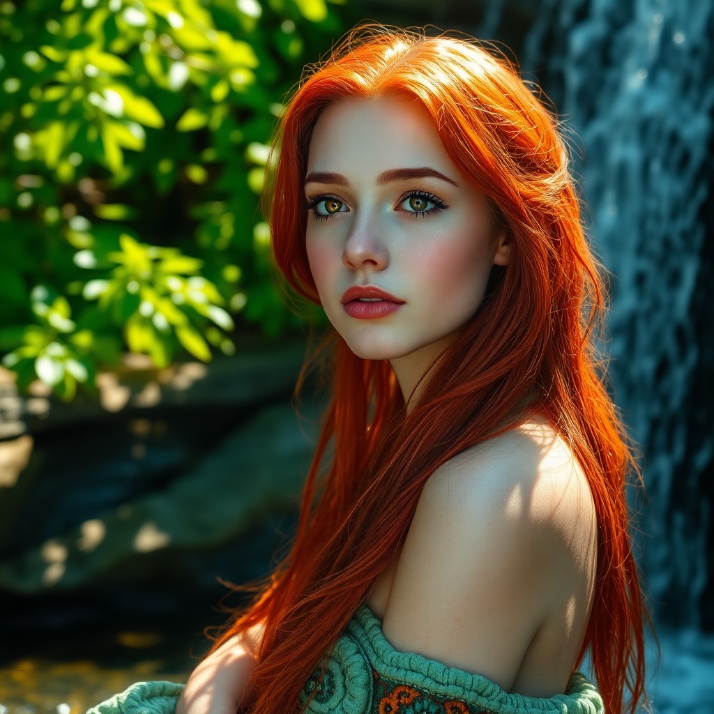 AI generated art for prompt: Craft a hyperrealistic portrait of a captivating Celtic woman with porcelain-like skin and vibrant r