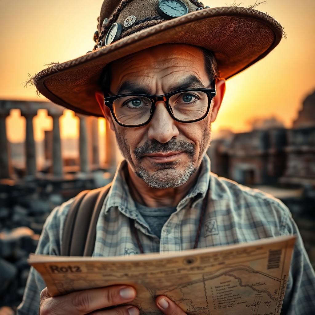 AI generated art for prompt: Imagine a hyper-realistic portrait of an experienced archaeologist standing against the backdrop of 