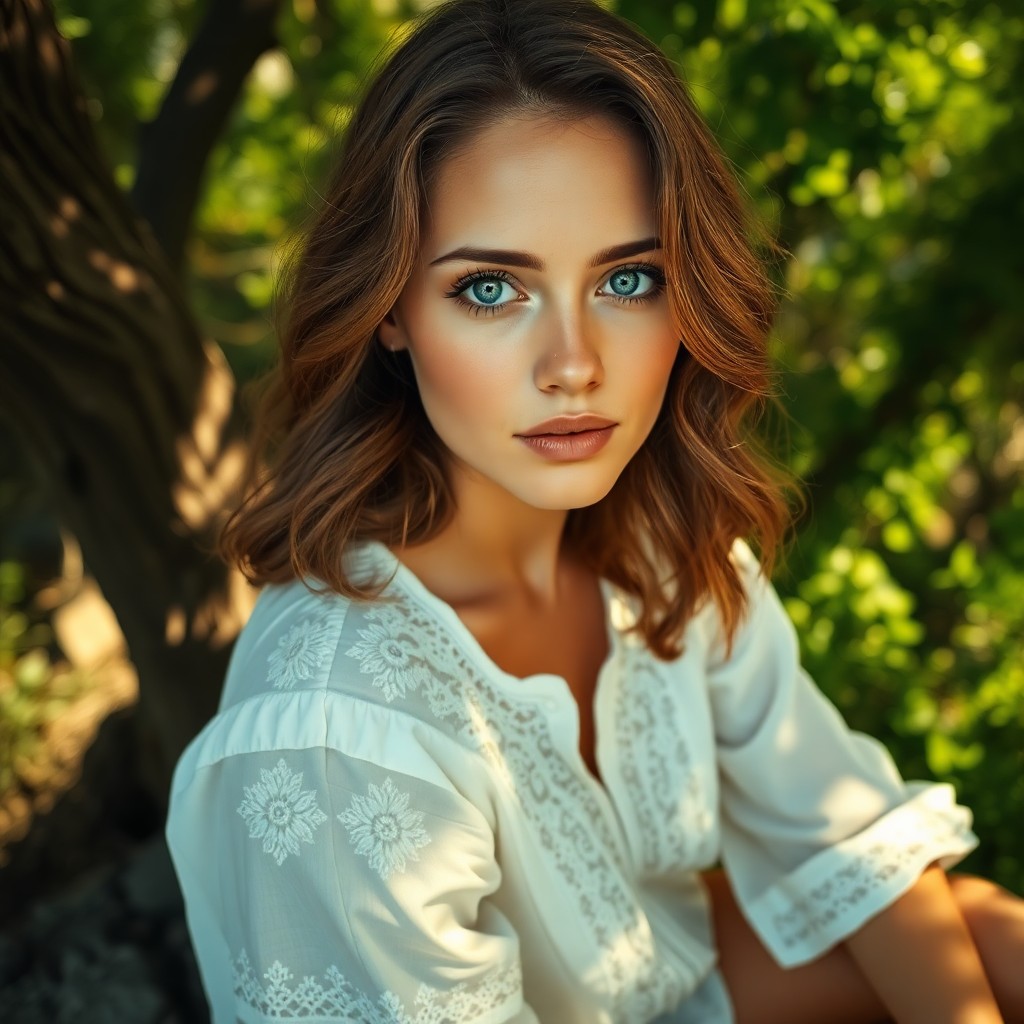 AI generated art for prompt: A mesmerizing photorealistic portrait of a Mediterranean woman with captivating blue eyes and wavy c