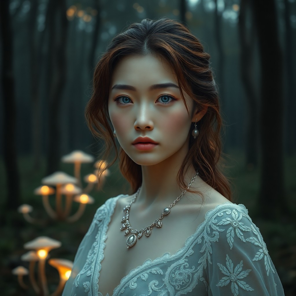 AI generated art for prompt: Photorealistic portrait of a stoic East Asian woman with wistful blue eyes and cascading chestnut ha