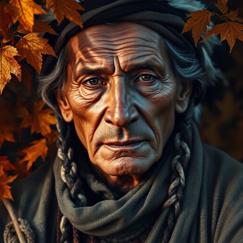 AI generated art for prompt: Caravaggio's chiaroscuro technique inspires a photorealistic portrait of a Native American elder, th