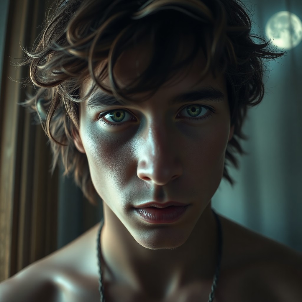 AI generated art for prompt: Photorealistic portrait of an enigmatic young Native American man with captivating hazy green eyes a