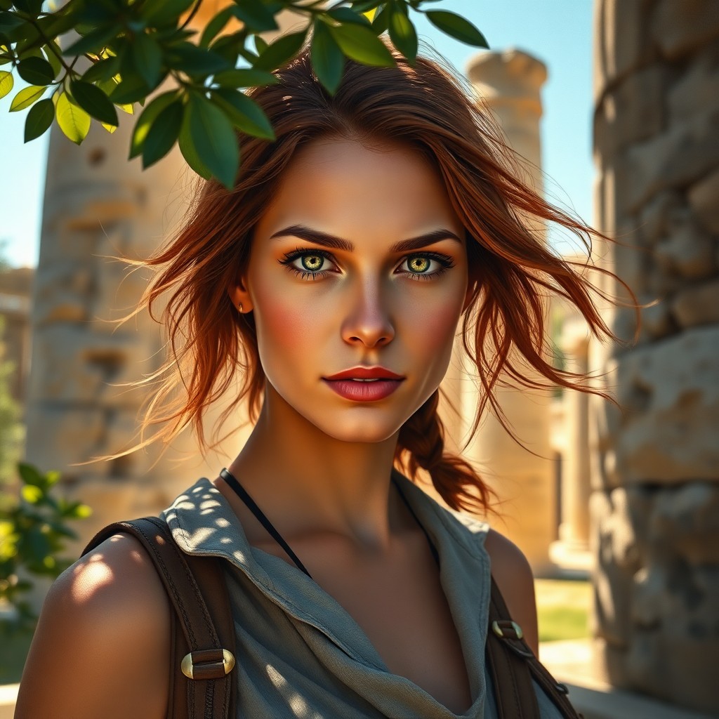 AI generated art for prompt: Portray a captivating female archaeologist through a three-quarter view, merging photorealism with s