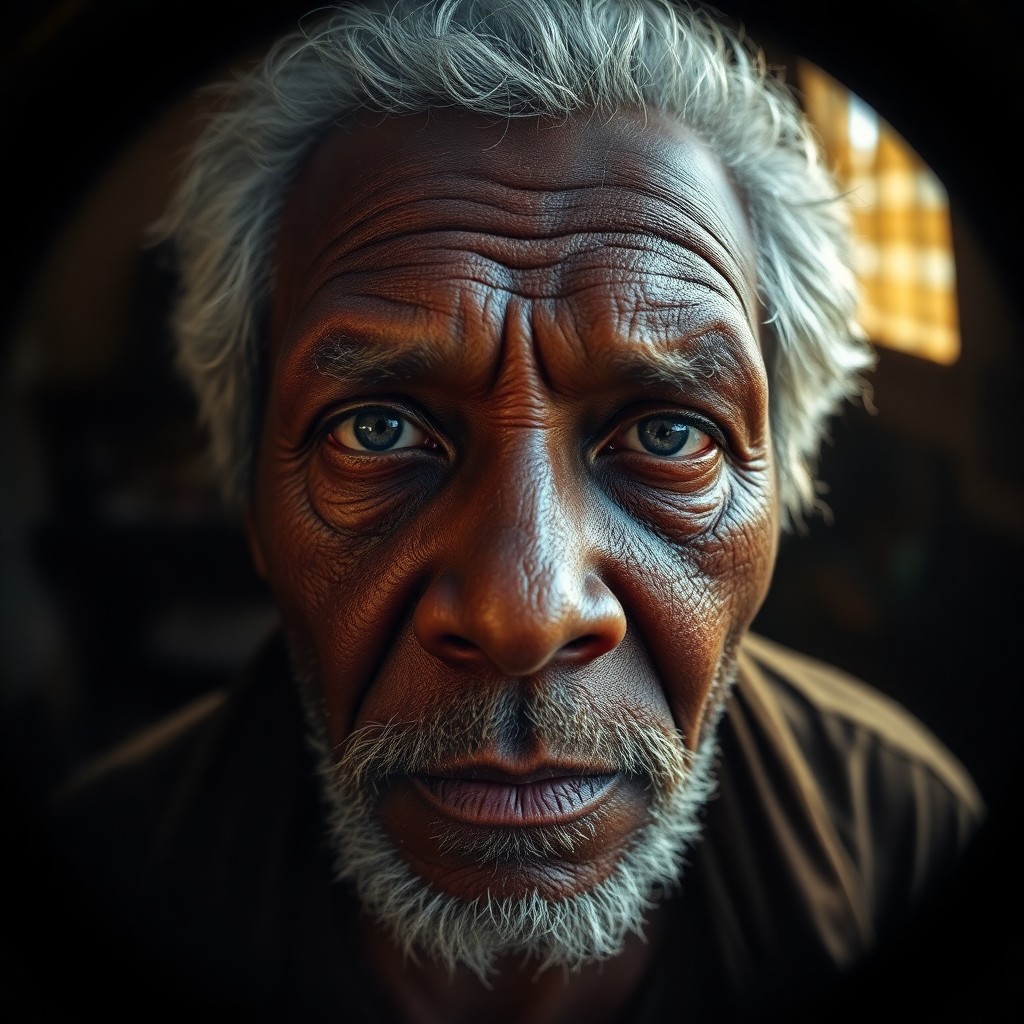 AI generated art for prompt: Craft a photorealistic portrait of a middle-aged African man with weathered skin and graying hair, h