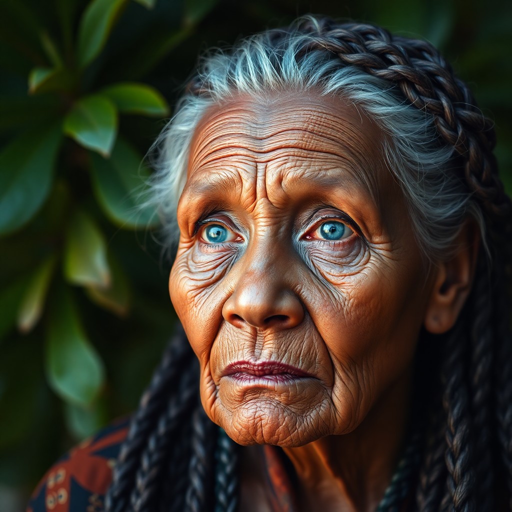 AI generated art for prompt: Craft an ultrarealistic oil painting portrait of an enigmatic Pacific Islander elder with tranquil b