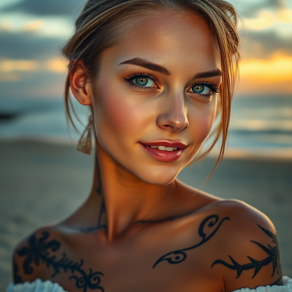 AI generated art for prompt: Craft a captivating portrait of a young Caucasian woman with mesmerizing green eyes and intricate ta