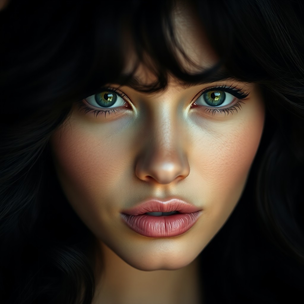 AI generated art for prompt: A captivating Amazonian woman with placid green eyes and raven-black hair cascading in gentle waves 