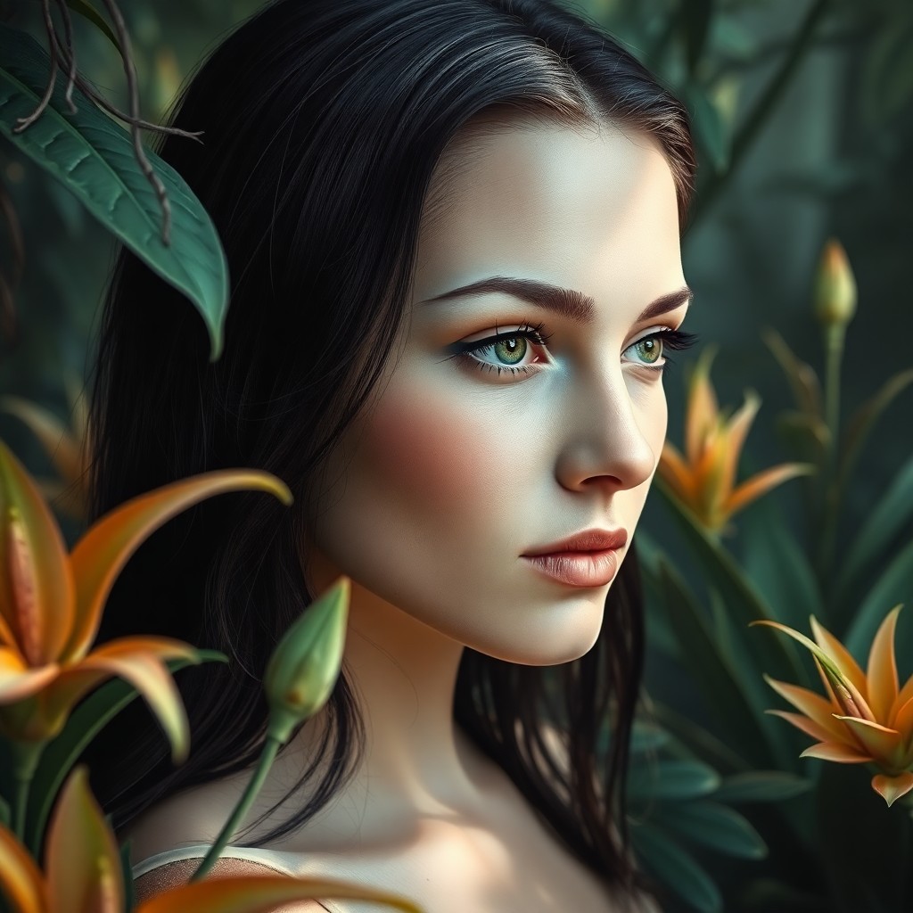 AI generated art for prompt: Craft a serene portrait of a Slavic woman with porcelain skin and raven hair in partial profile agai