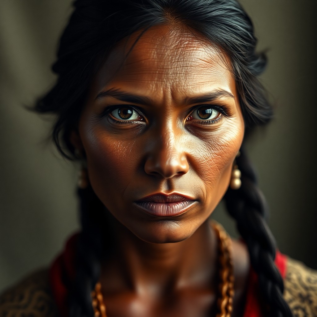 AI generated art for prompt: Craft a hyperrealistic portrait reminiscent of Rembrandt's art, showcasing a Native American woman w