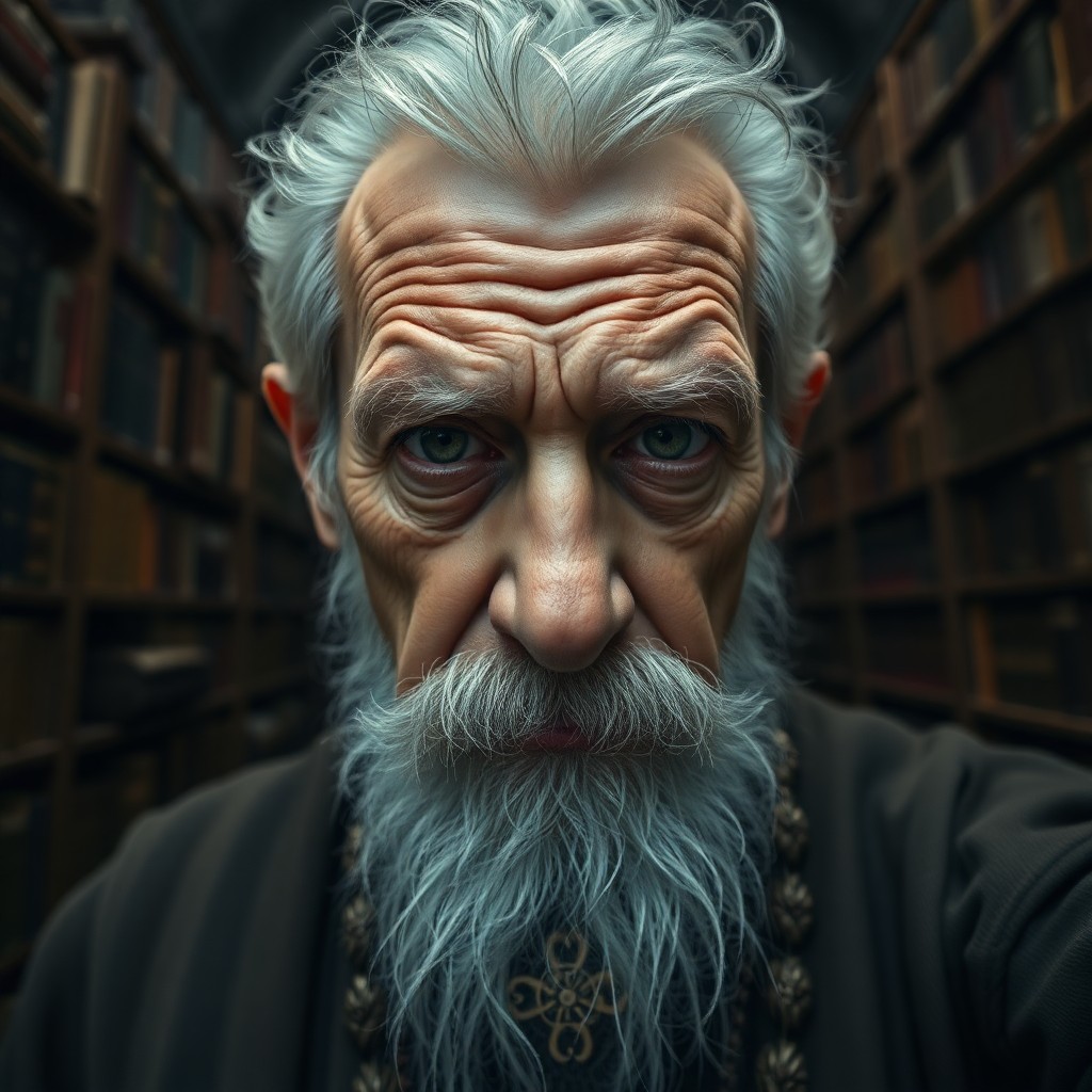 AI generated art for prompt: Craft a photorealistic portrait of an elderly wizard using a mirrorless camera, capturing his deep w