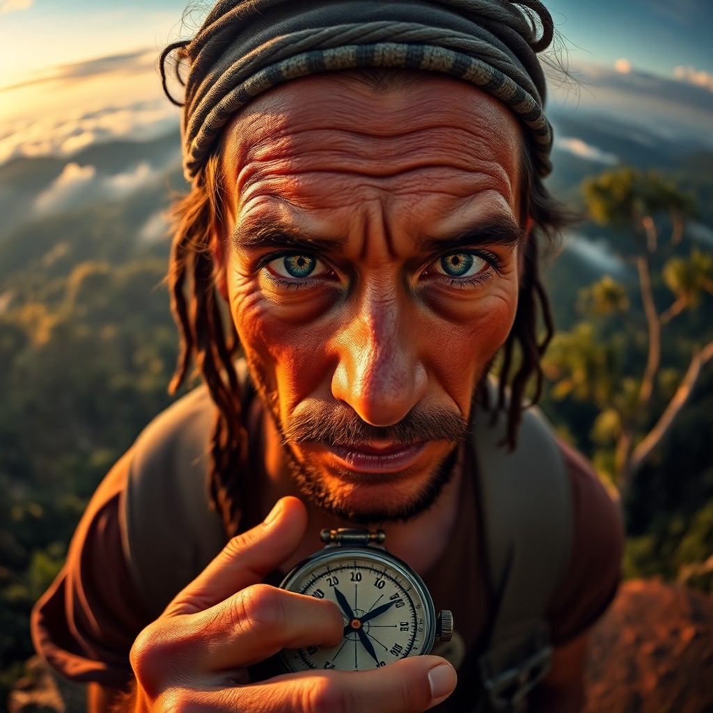 AI generated art for prompt: Envision a portrait photograph showcasing a seasoned explorer with weathered skin and deep green eye