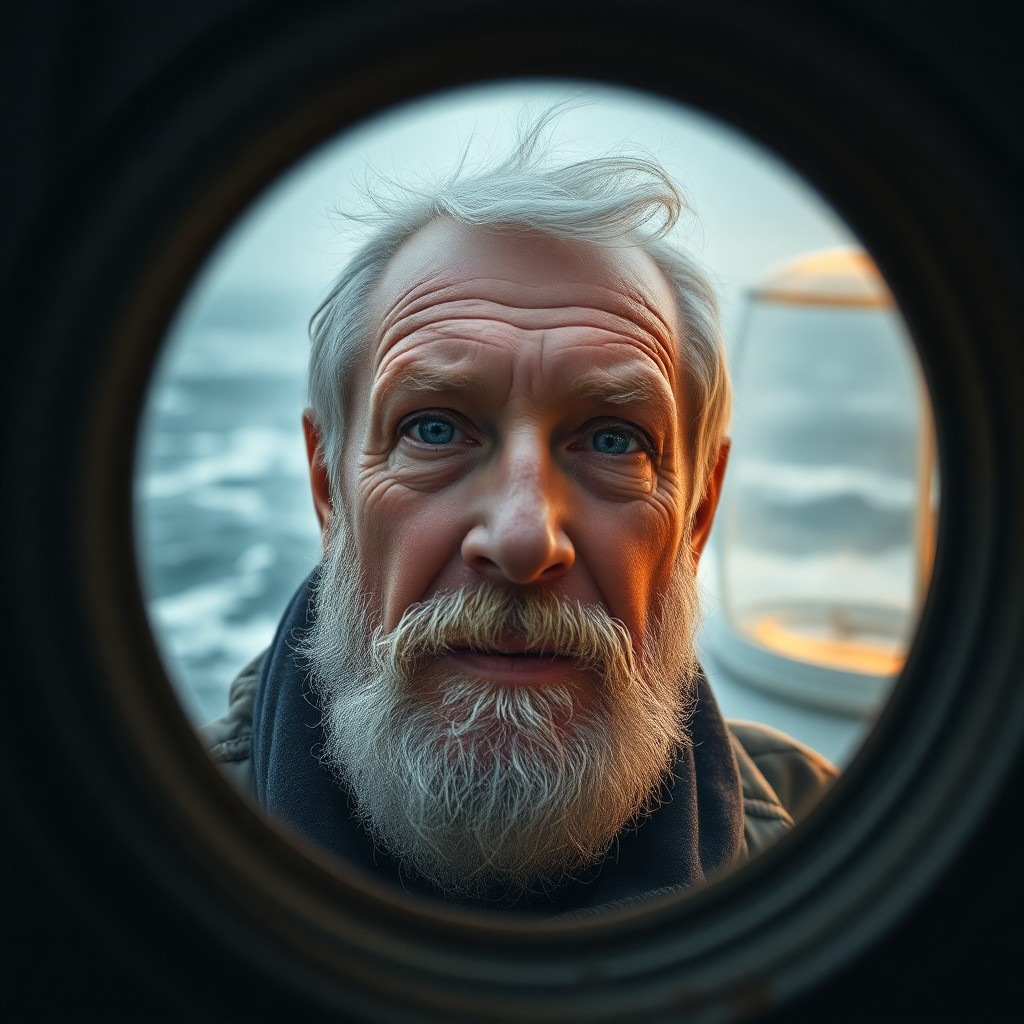 AI generated art for prompt: A DSLR captures a portrait of a seasoned lighthouse keeper in his sixties, his rugged skin and salt-