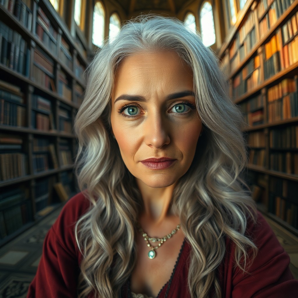 AI generated art for prompt: Craft a captivating portrait of a middle-aged Middle Eastern woman adorned with striking silver hair