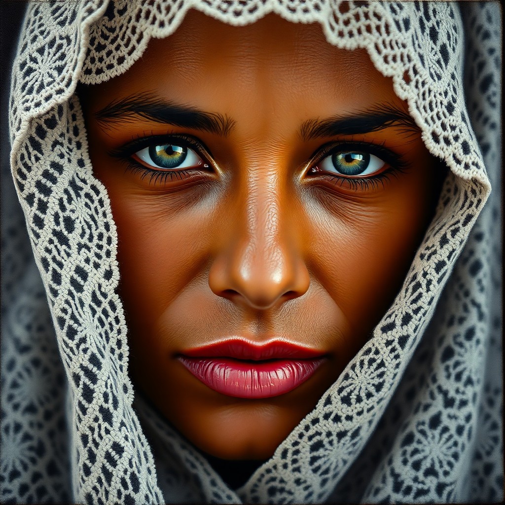 AI generated art for prompt: Create a hyperrealistic oil painting portrait of an Aboriginal woman with a unique perspective, focu