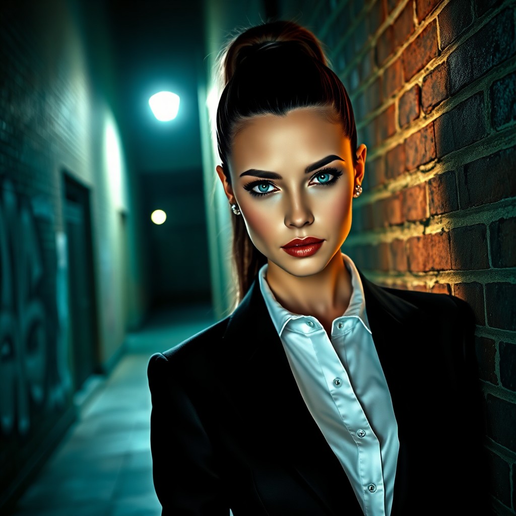 AI generated art for prompt: Envision a hyperrealistic portrait of an enigmatic Caucasian woman in an urban alleyway, illuminated