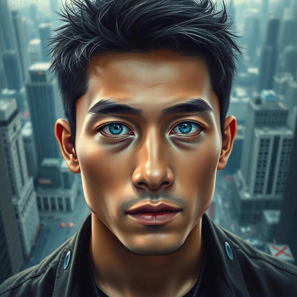 AI generated art for prompt: An ultra-realistic portrait captures a young East Asian man with soft blue eyes, sporting short spik