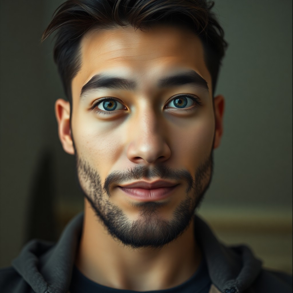 AI generated art for prompt: A film camera captures a portrait of an intriguing young East Asian man with warm blue eyes and chis