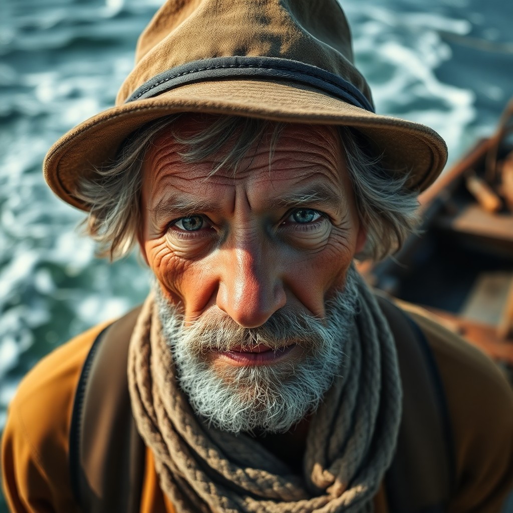 AI generated art for prompt: Portray an enigmatic fisherman's timeless allure through a portrait photograph. His lined visage and