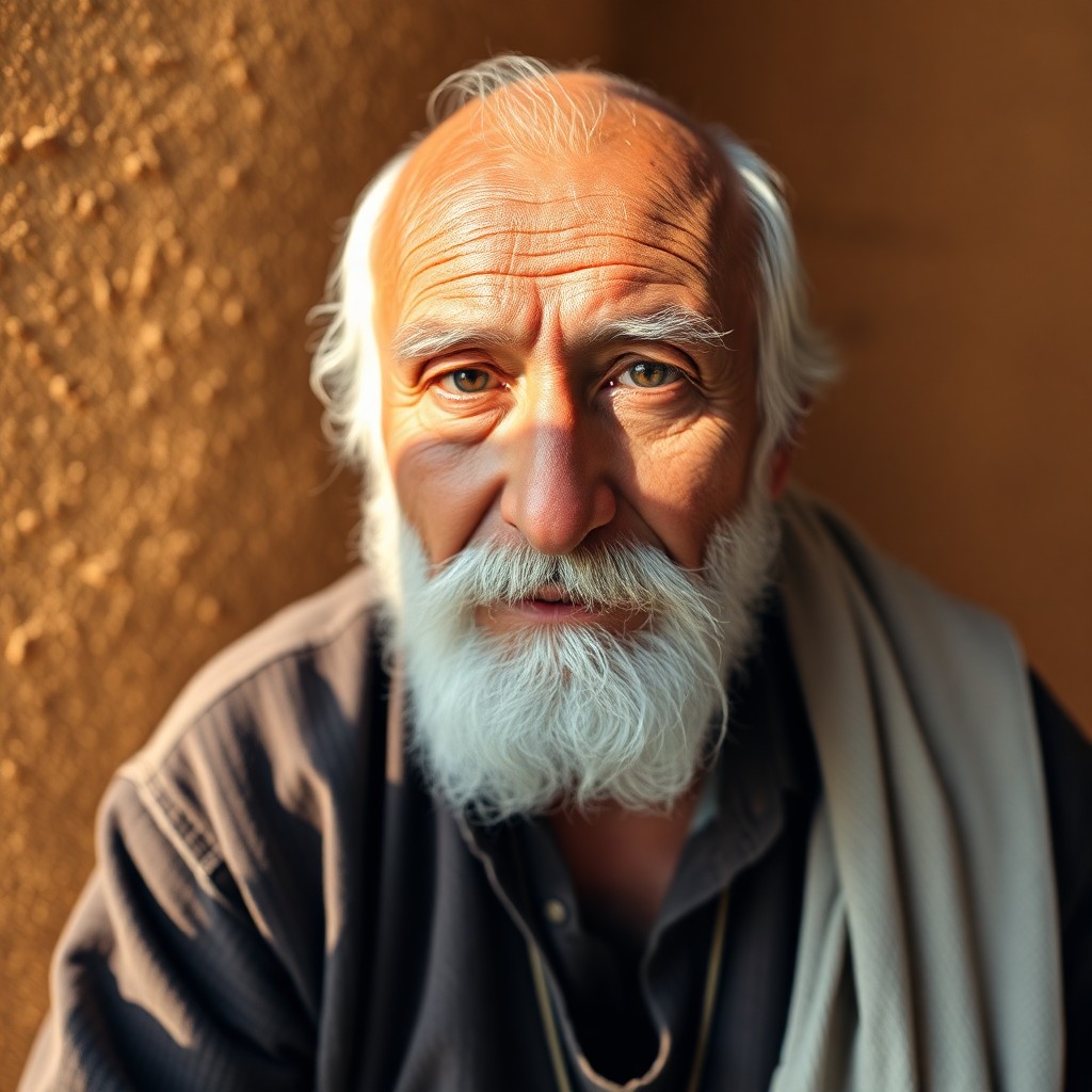 AI generated art for prompt: Craft a photorealistic smartphone portrait of an elderly Central Asian man with gentle, twinkling ey