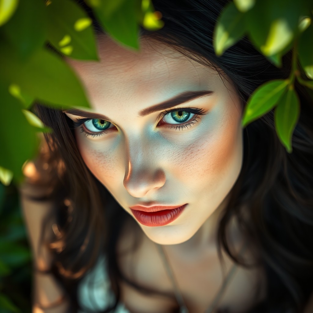 AI generated art for prompt: Craft a hyperrealistic portrait of a captivating woman with porcelain skin, vibrant green eyes, and 